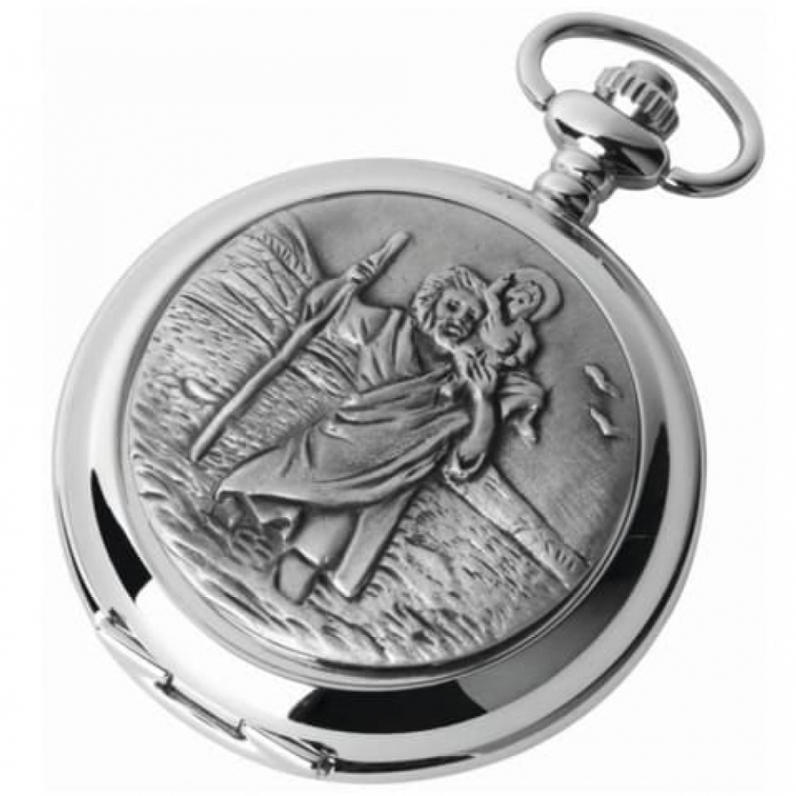 St Christopher Chrome/Pewter Quartz Full Hunter Pocket Watch