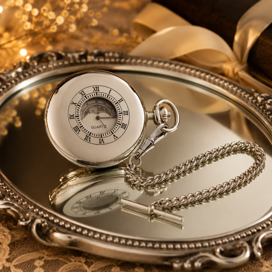 Chrome Plated Double Half Hunter Moon Dial Quartz Pocket Watch with Chain