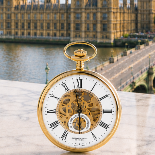 The Eltham Gold Plated Open Face Skeleton Dial Mechanical Pocket Watch with Chain