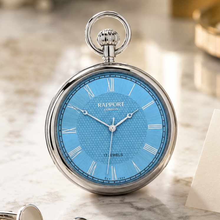 Silver Plated Open Face Mechanical Pocket Watch Ice Blue with Chain