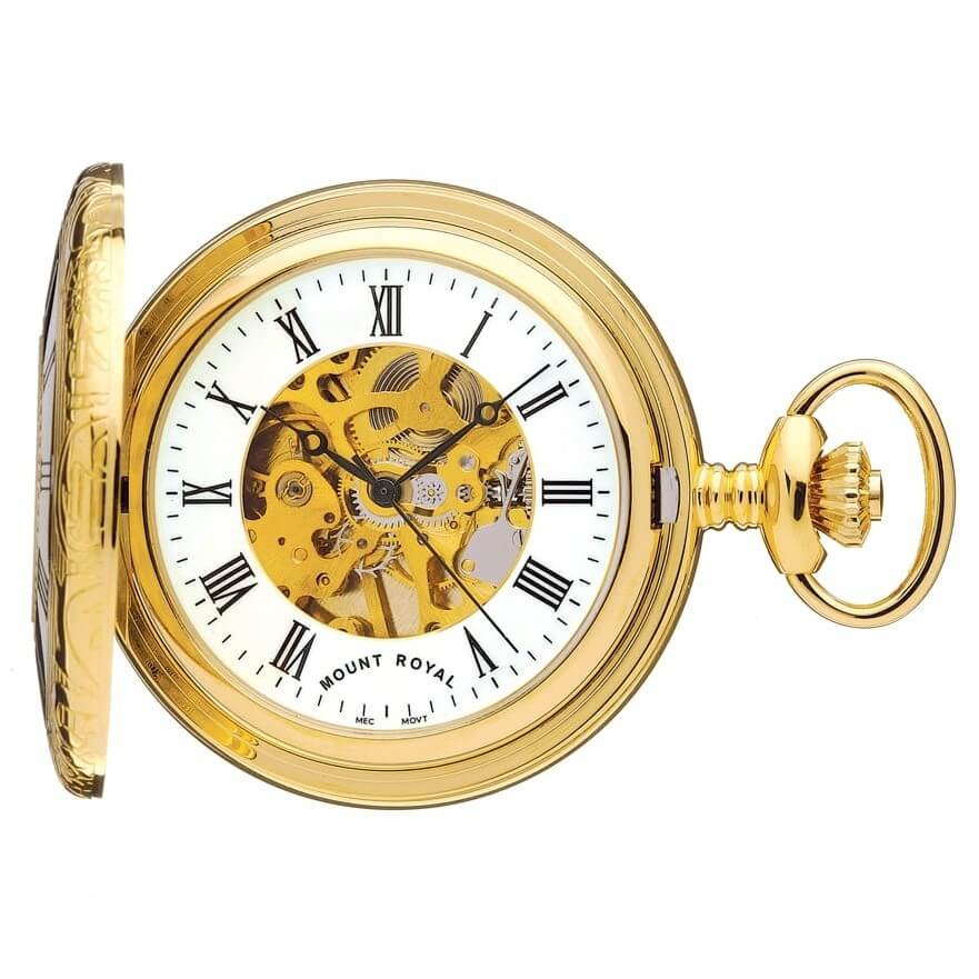 Gold Plated Mechanical Half Hunter Pocket Watch Skeletal Display