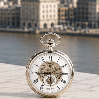 Chrome Plated Open Face Skeleton Dial Mechanical Pocket Watch Eltham with Chain