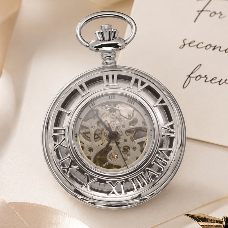 Chrome Plated Half Hunter Skeleton Dial Mechanical Pocket Watch with Chain (45mm) (B37)