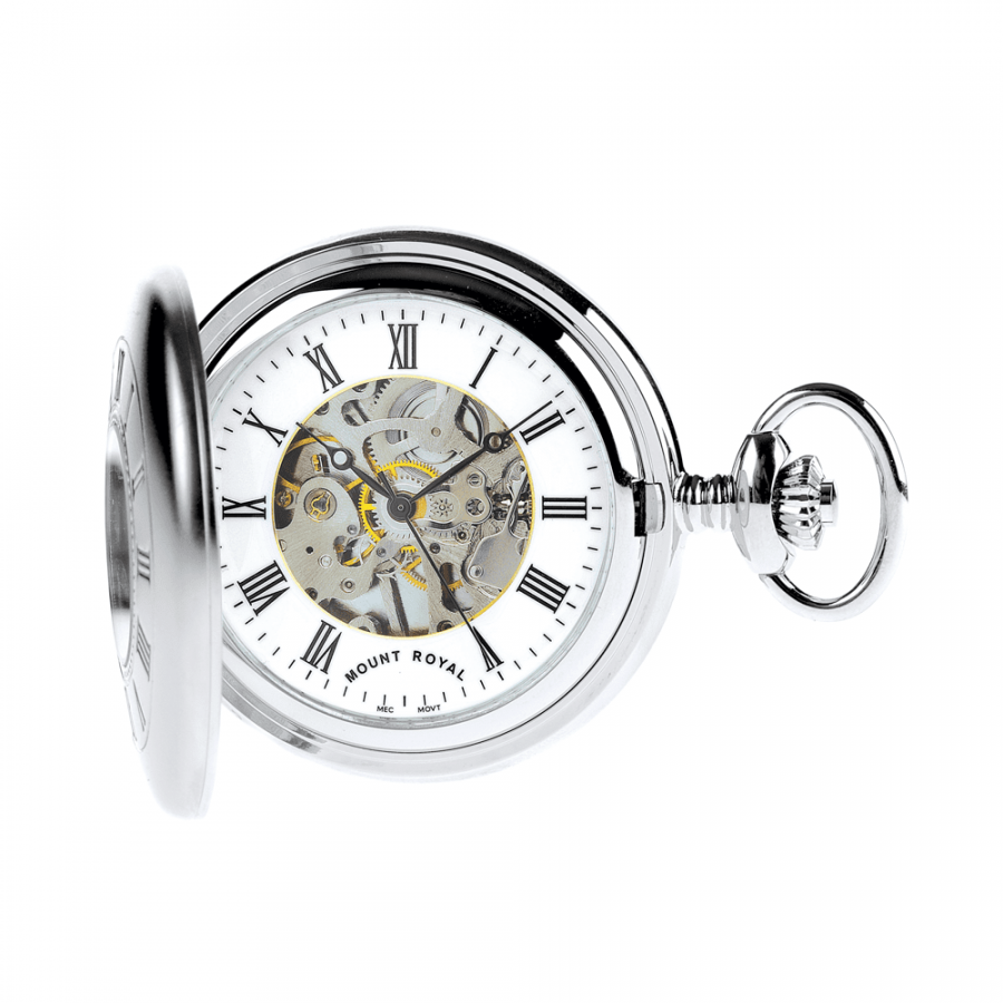 Matt Finish Chrome Plated Mechanical Half Hunter Pocket Watch