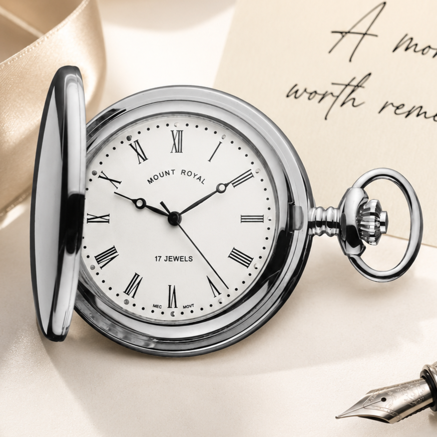 Chrome Plated Full Hunter Mechanical Pocket Watch with Chain (45mm) (Roman Numerals)