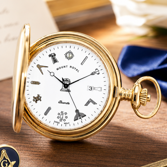 Masonic Gold Plated Full Hunter Date Display Quartz Pocket Watch with Chain