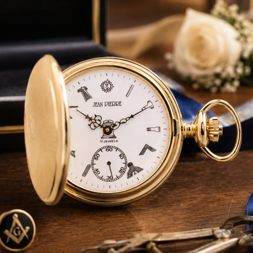 Masonic Gold Plated Full Hunter Mechanical Pocket Watch with Chain (45mm) (G173PM)