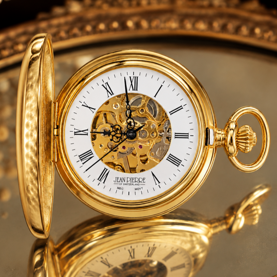 Gold Plated Half Hunter Skeleton Dial Mechanical Pocket Watch with Chain
