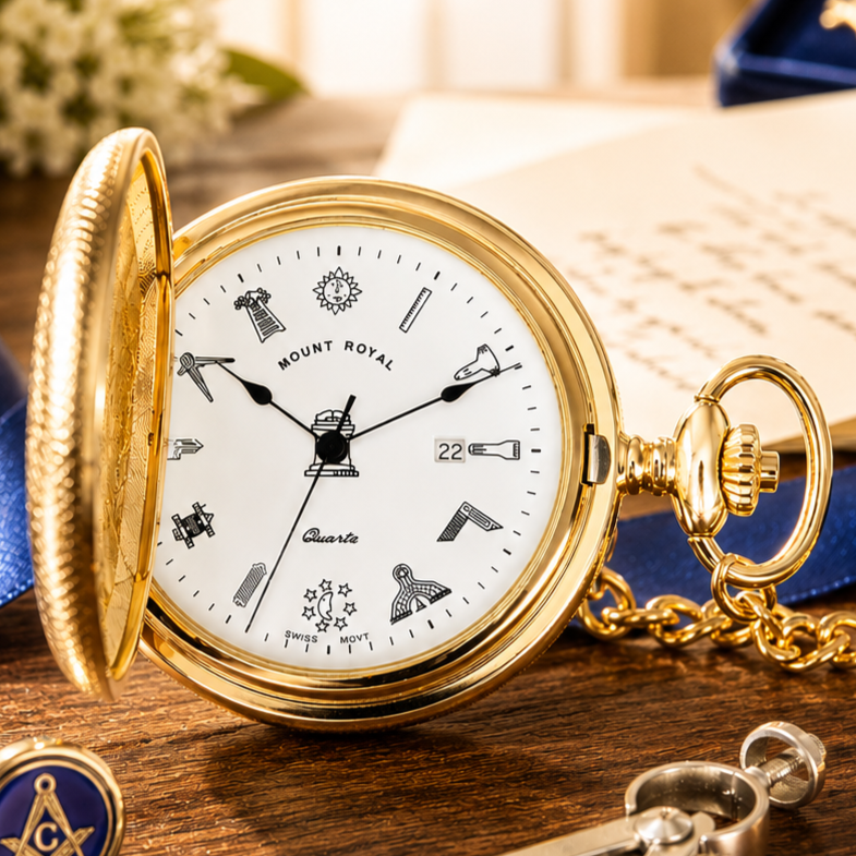 Masonic Gold Plated Half Hunter Date Display Quartz Pocket Watch with Chain (45mm)