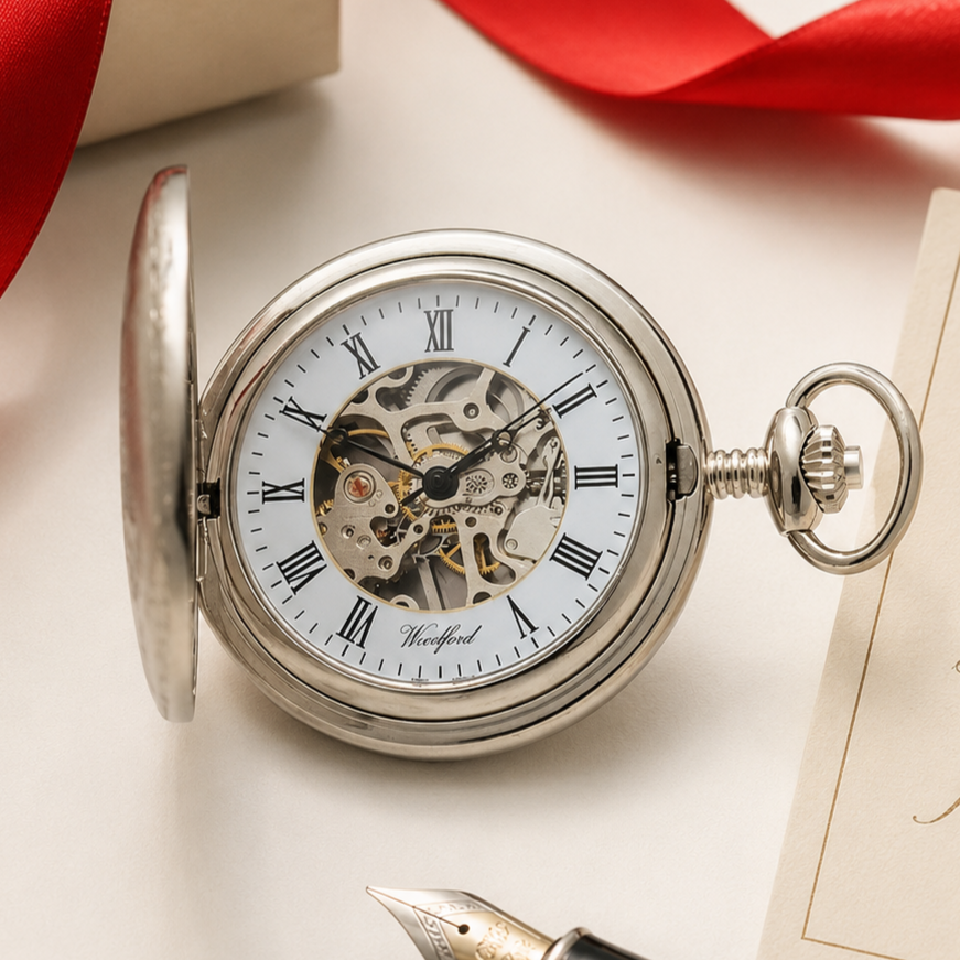 Chrome Plated Half Hunter Skeleton Dial Mechanical Pocket Watch with Chain (45mm) (W1020)