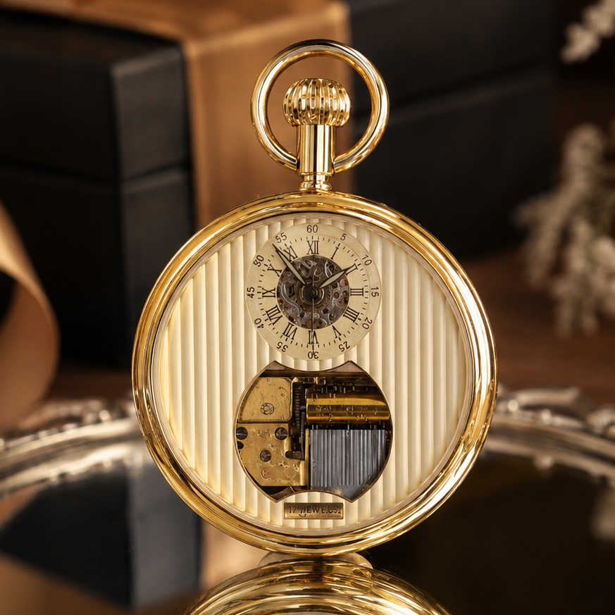 Gold Plated Open Face Skeleton Dial Mechanical Pocket Watch with Chain