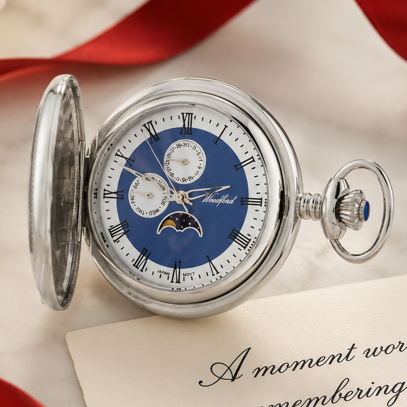 Chrome Plated Half Hunter Moon Dial Quartz Pocket Watch with Chain