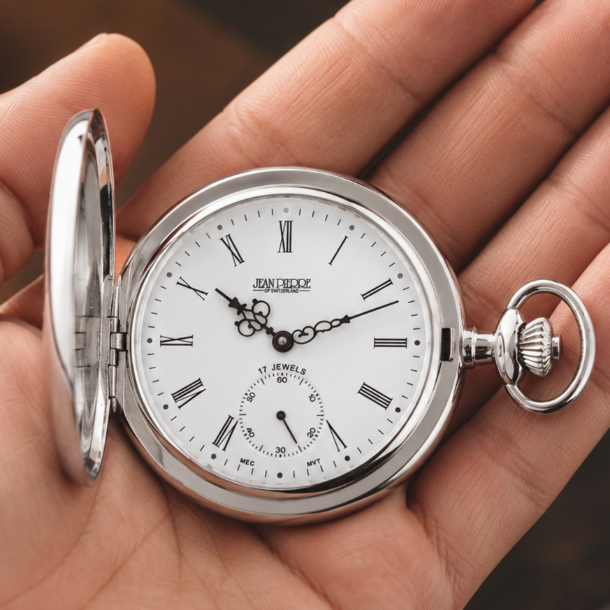 Chrome Plated Full Hunter Mechanical Pocket Watch with Chain (48mm)