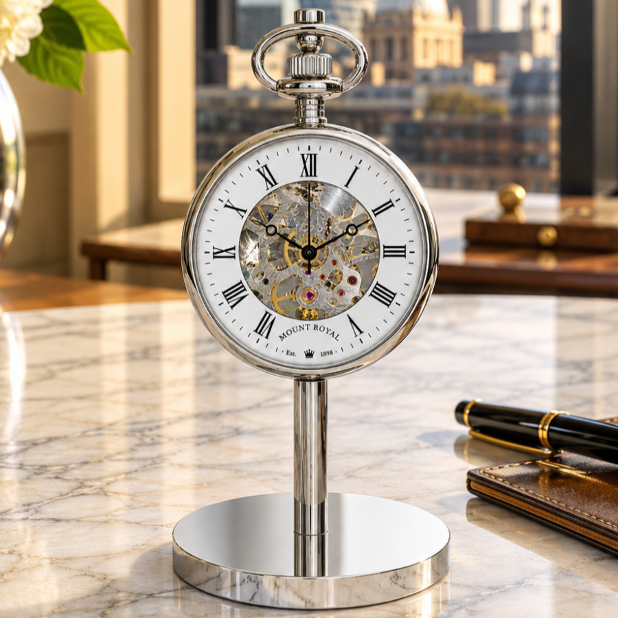 Chrome Plated Open Face Skeleton Dial Mechanical Pocket Watch Clear with Chain and Chrome Plated Stand