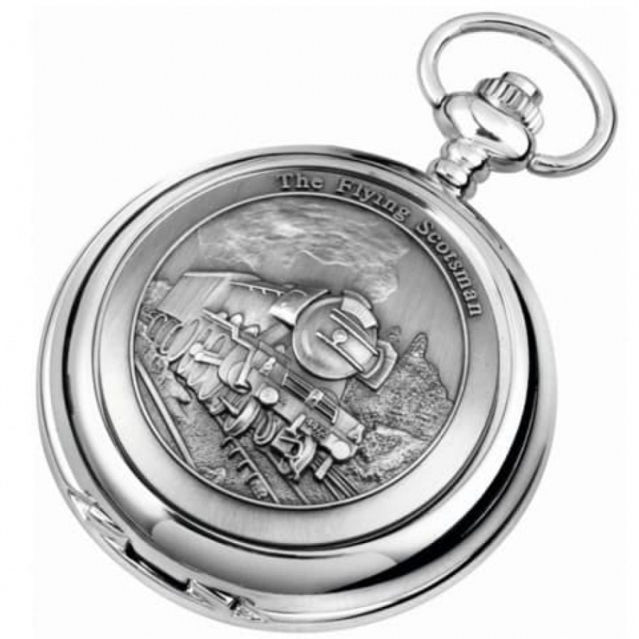 The Flying Scotsman Train Chrome Mechanical Double Hunter Pocket Watch