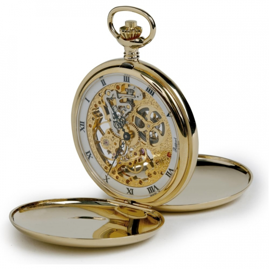 Gold Plated 17 Jewel Mechanical Skeleton Double Hunter Polished Pocket Watch