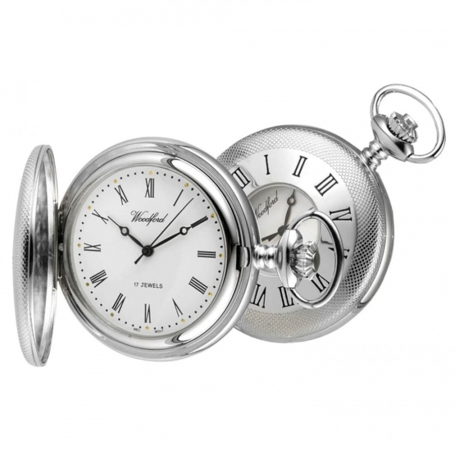 Woodford Orologio Da Tasca Scheletro 17 Rubini Doppio Coperchio Hunter Cromato Con Catena - Foto 2