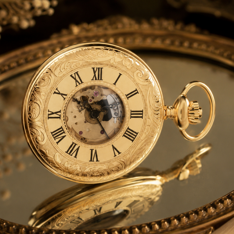 Gold Plated Half Hunter Skeleton Dial Mechanical Pocket Watch with Chain (45mm) (G170PM)