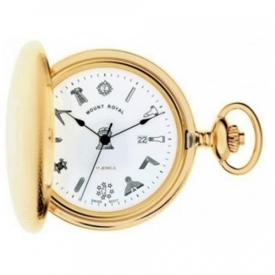 Gold Plated Masonic Mechanical Engine Turned Full Hunter Pocket Watch