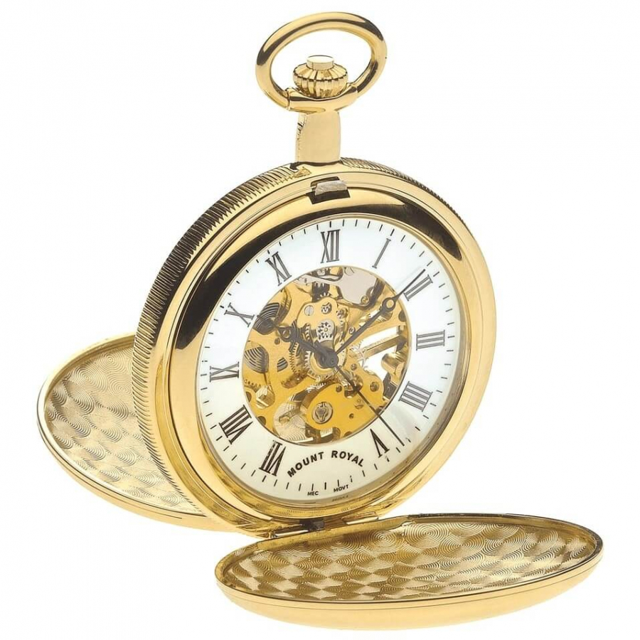 Gold Plated Skeleton Mechanical Double Hunter Pocket Watch