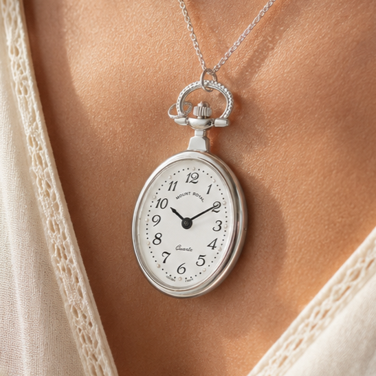 Silver Plated Open Face Quartz Oval Pendant Necklace Watch