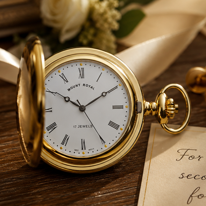 Gold Plated Half Hunter Mechanical Pocket Watch with Chain (45mm)