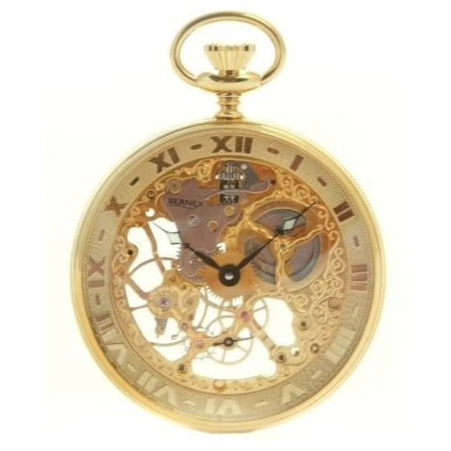 Swiss Gold Plated Mechanical Skeleton Open Face Pocket Watch