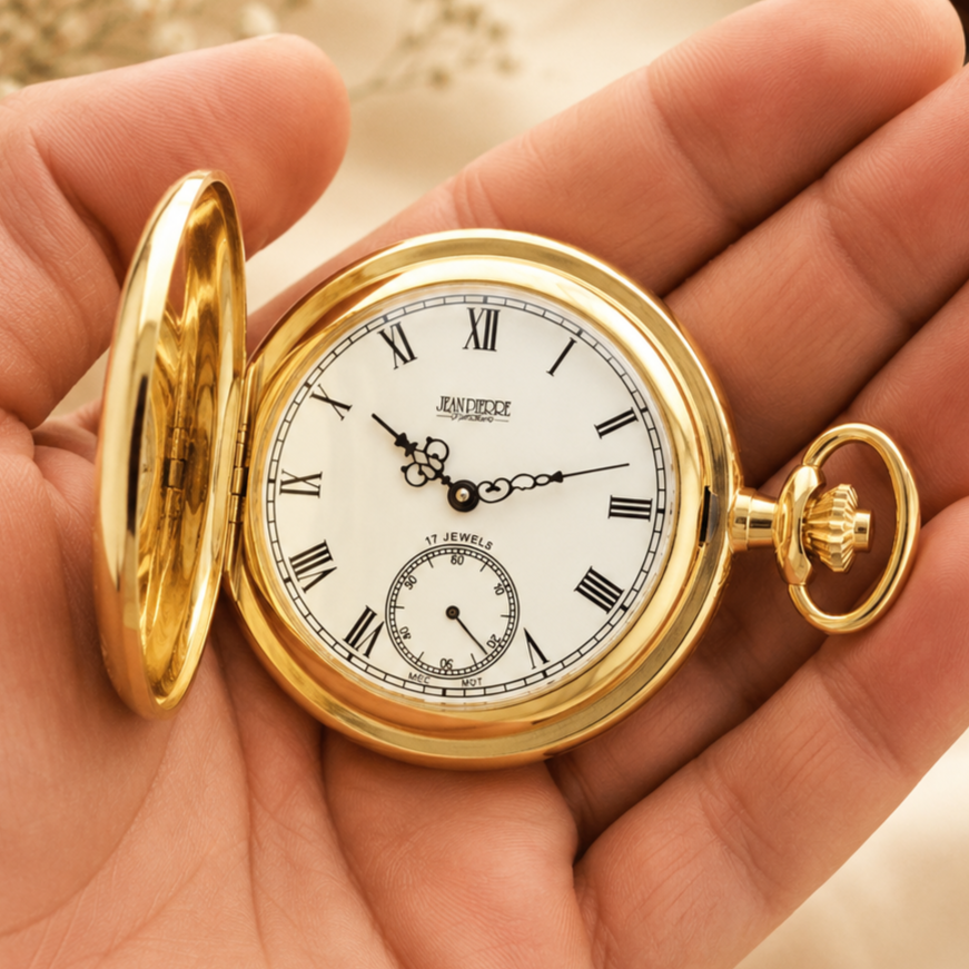 Gold Plated Half Hunter Mechanical Pocket Watch with Chain (46mm) (G100PM)