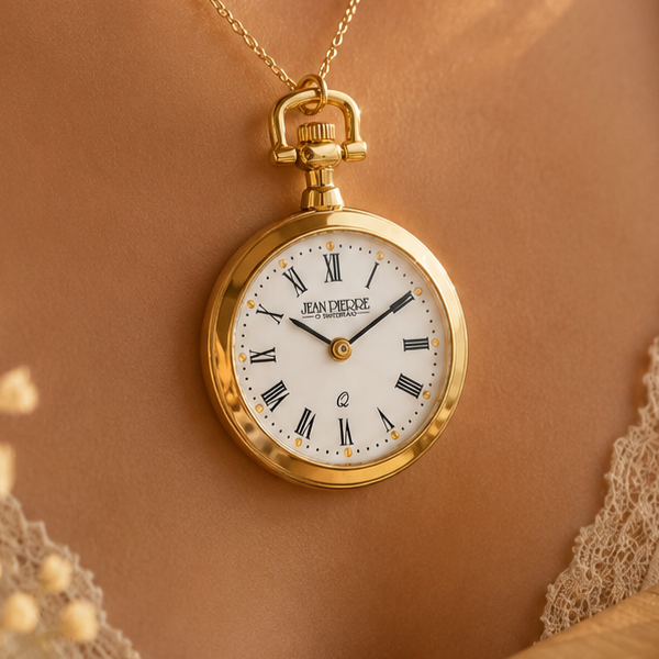 Womens Gold Plated Open Face Quartz Pendant Watch