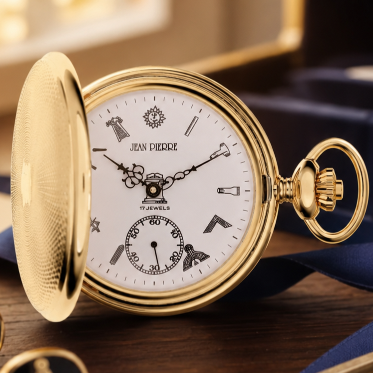 Masonic Gold Plated Half Hunter Mechanical Pocket Watch with Chain (45mm)