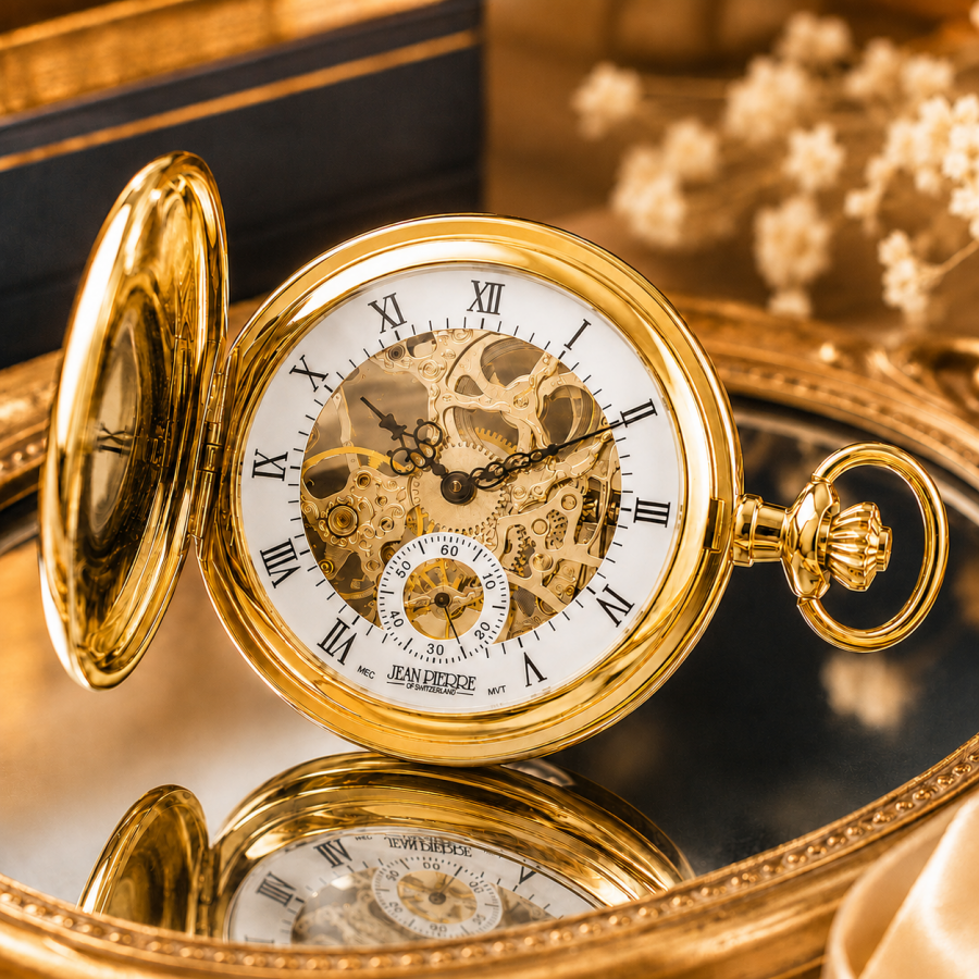 Gold Plated Half Hunter Skeleton Dial Mechanical Pocket Watch with Chain (48mm)