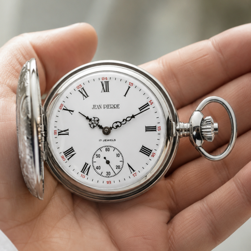 Chrome Plated Half Hunter Mechanical Pocket Watch with Chain (46mm) (G100CM)