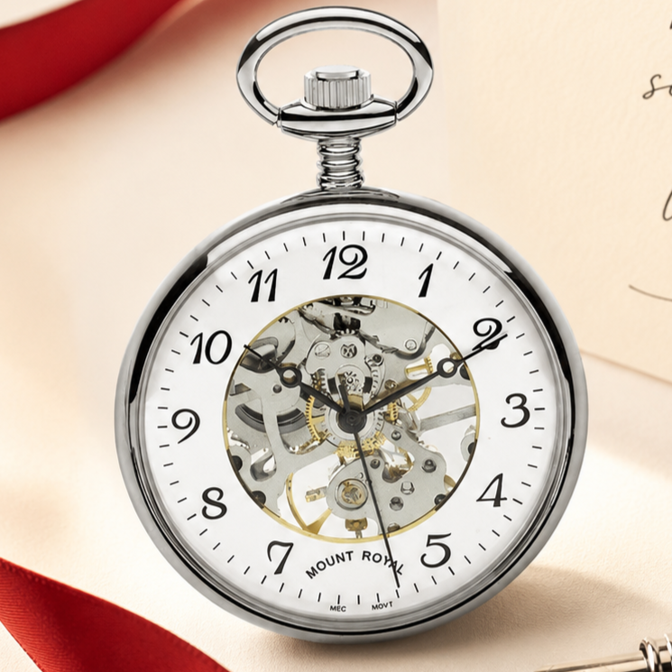 Chrome Plated Open Face Skeleton Dial Mechanical Pocket Watch with Chain (40mm)