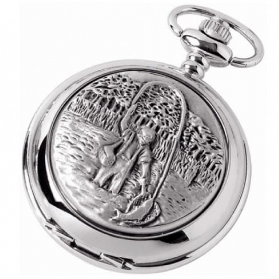 Fishing Chrome/Pewter Mechanical Double Hunter Pocket Watch