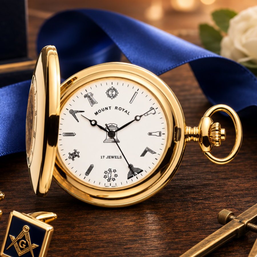 Masonic Gold Plated Half Hunter Date Display Mechanical Pocket Watch with Chain