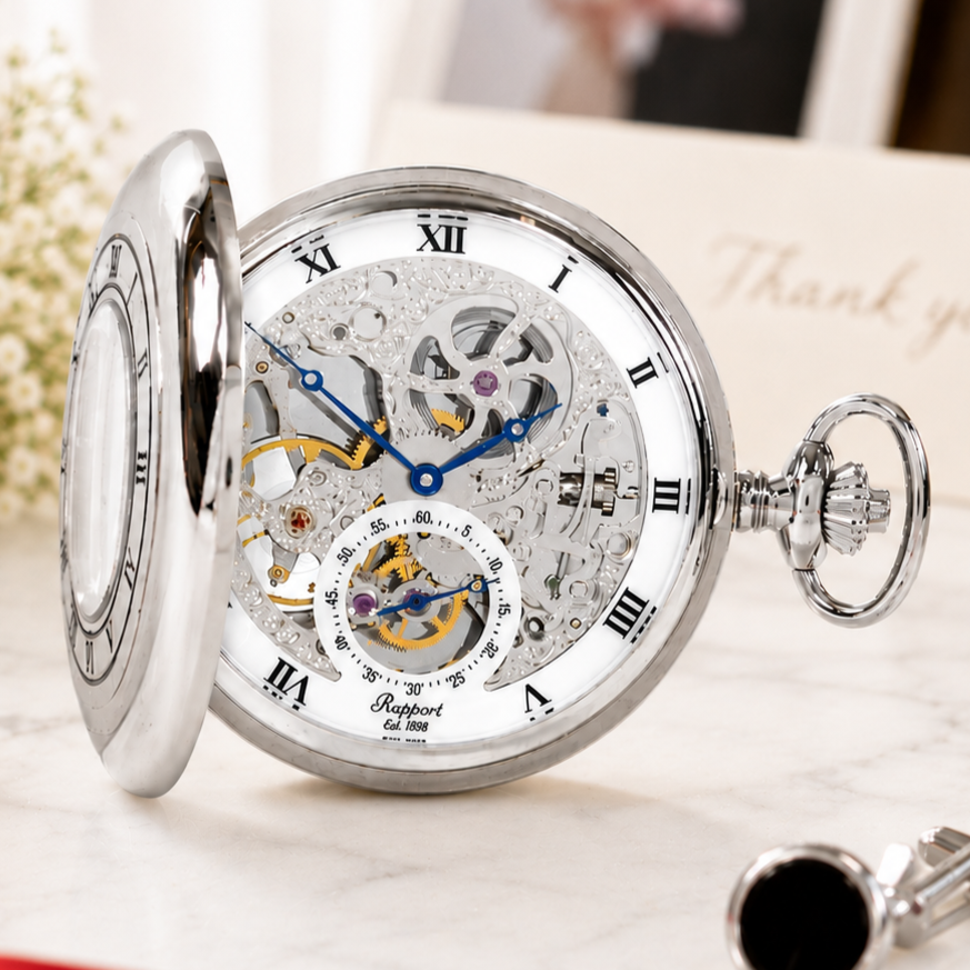 Chrome Plated Double Half Hunter Mechanical Pocket Watch with Chain
