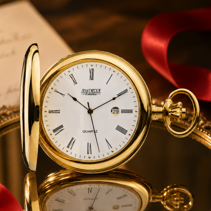 Gold Plated Full Hunter Date Display Quartz Pocket Watch with Chain (48mm)