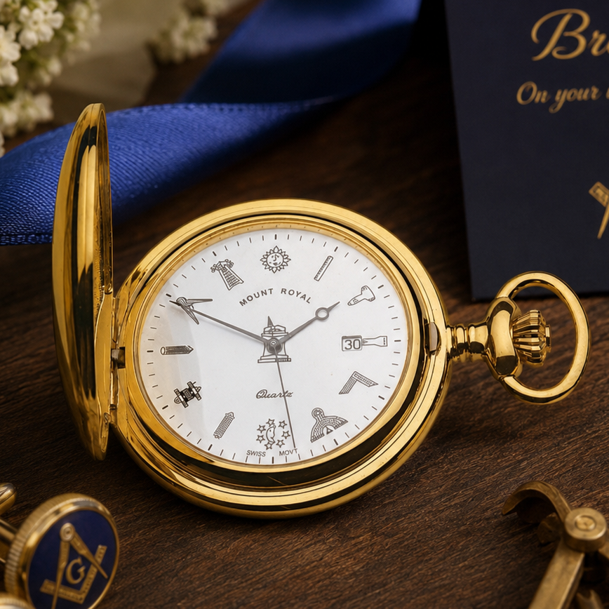 Masonic Gold Plated Full Hunter Date Display Quartz Pocket Watch with Chain (45mm) (G411PQ)