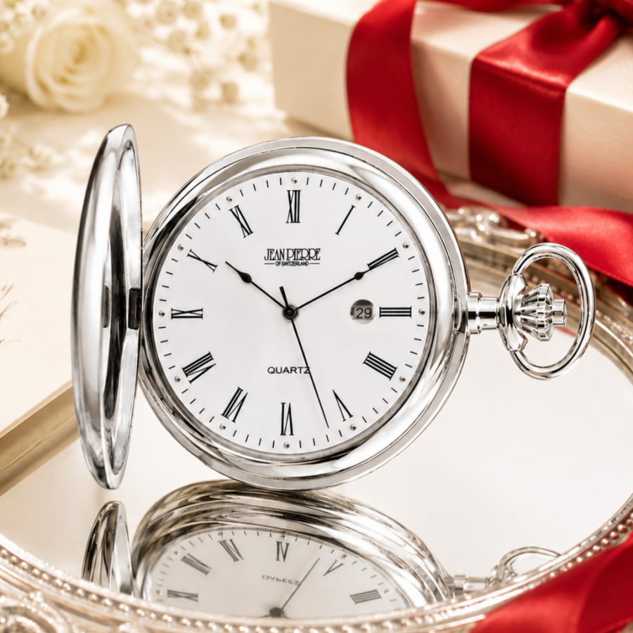 Chrome Plated Full Hunter Date Display Quartz Pocket Watch with Chain