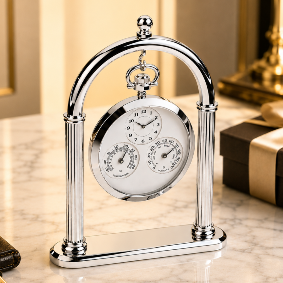 Chrome Plated Open Face Quartz Pocket Watch 'Weather Station'