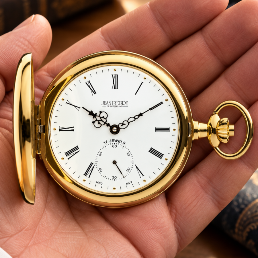 Gold Plated Full Hunter Mechanical Pocket Watch Numerals with Chain