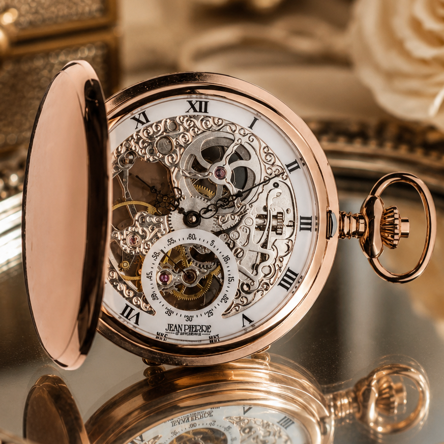 Rose Gold Plated Double Hunter Mechanical Pocket Watch with Chain