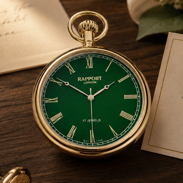 Gold Plated Open Face Mechanical Pocket Watch Emerald with Chain