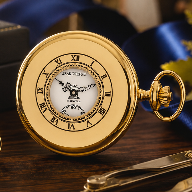 Masonic Gold Plated Half Hunter Mechanical Pocket Watch with Chain (48mm)