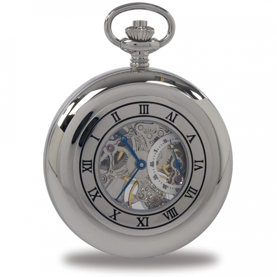 Chrome Double Half Hunter Skeleton Pocket Watch