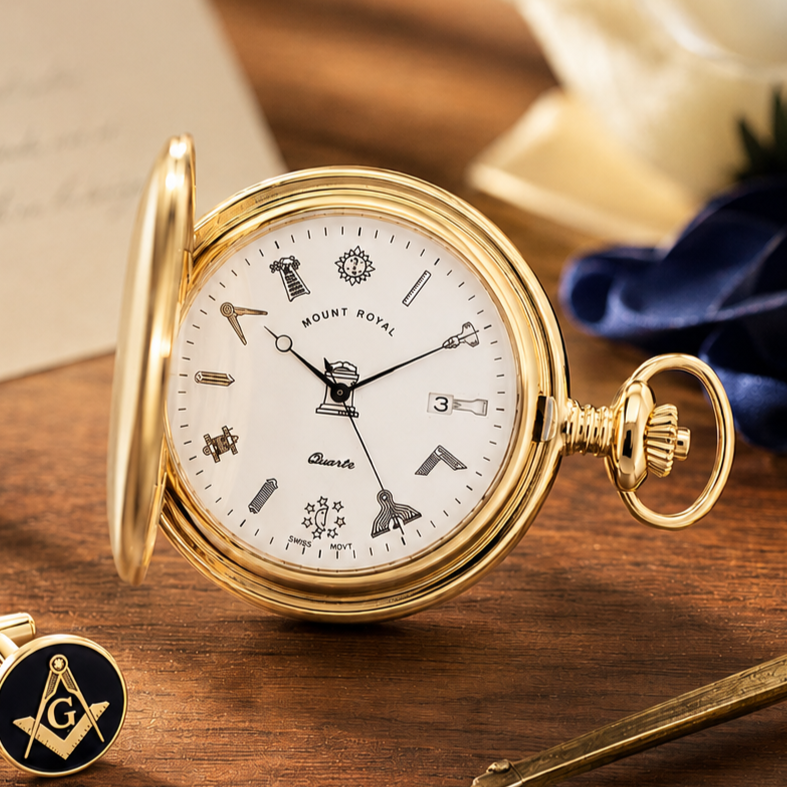 Masonic Gold Plated Full Hunter Quartz Pocket Watch