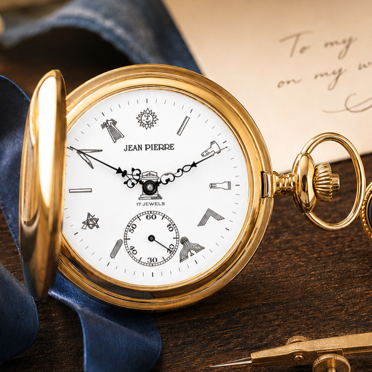 Masonic Gold Plated Full Hunter Mechanical Pocket Watch with Chain