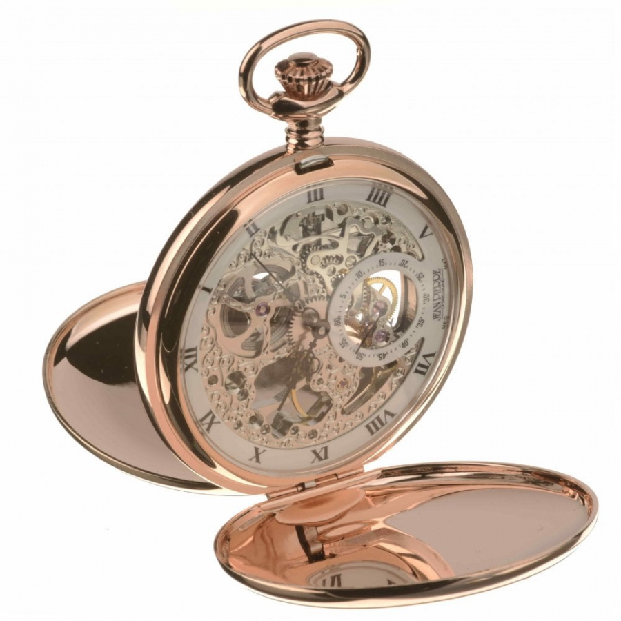 Rose Gold Plated Double Hunter Skeleton Mechanical Pocket Watch