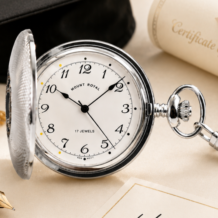 Chrome Plated Full Hunter Mechanical Pocket Watch Engine Turned with Chain