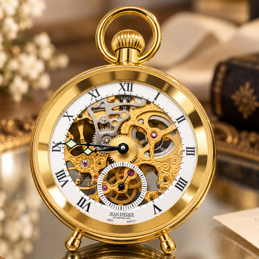 Gold Plated Open Face Mechanical Freestanding Pocket Watch With Chain